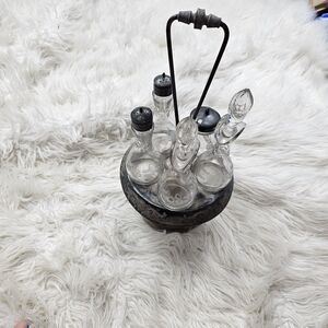 Victorian 6 Bottle Castor Cruet Set Silver Plate Condiment Etched Glass